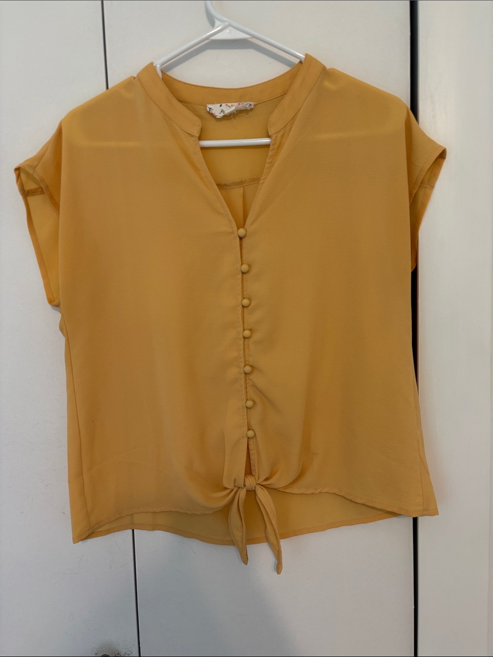 Pink Rose Mustard Yellow Button-Front Tie Hem Blouse